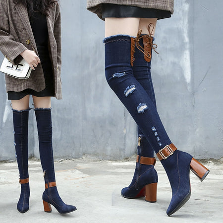 Denim Over The Knee Stretch High Heel Pointed Toe Boots