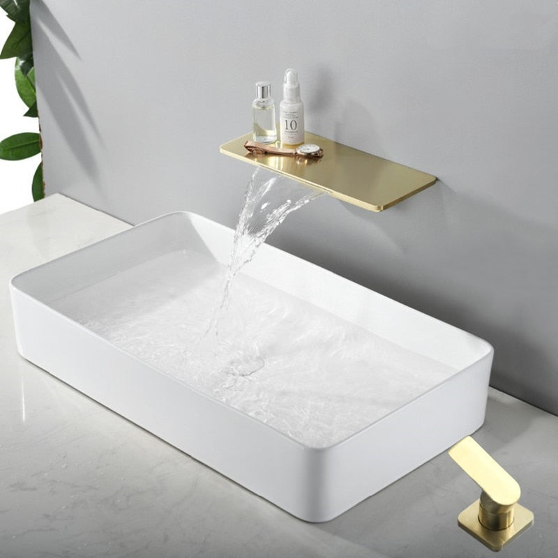 Waterfall Sink Faucet Shelf Basin Water Mixer Black Matte