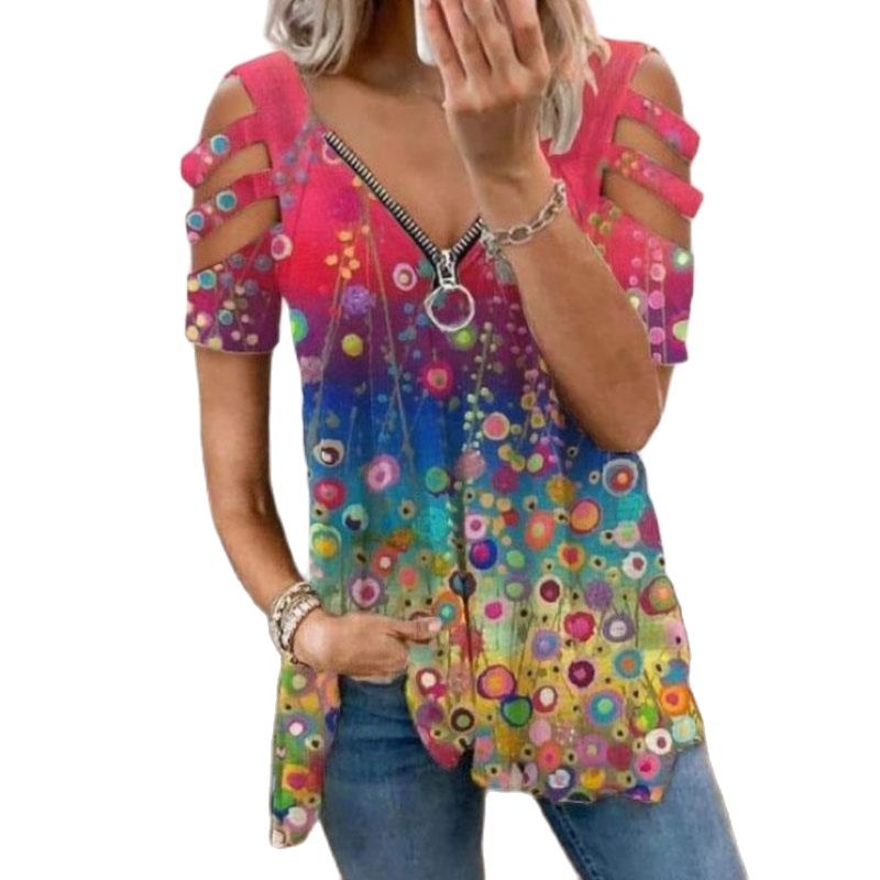 V-Neck Zipper Blouse Pullover