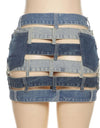 High Waist Denim Hollow Out Color block Skirt