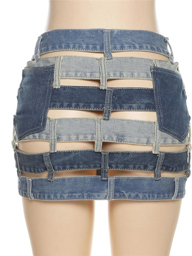High Waist Denim Hollow Out Color block Skirt