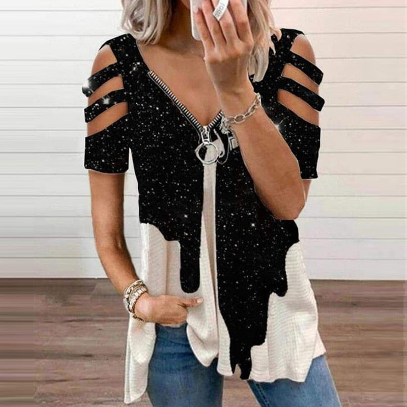 V-Neck Zipper Blouse Pullover