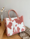 Cow & Leopard Print PU Leather Plush Top-Handle Bag