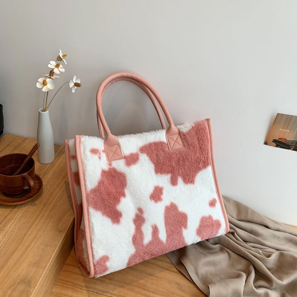 Cow & Leopard Print PU Leather Plush Top-Handle Bag