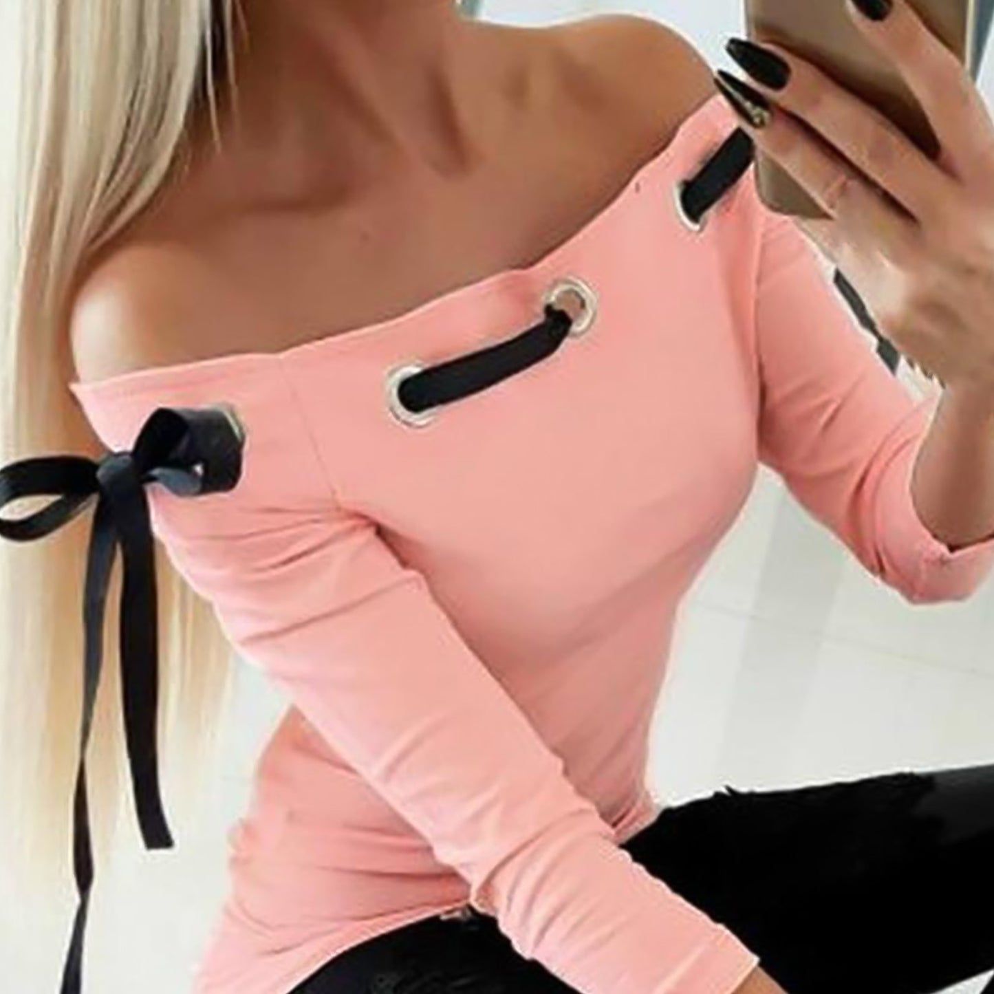 Long Sleeve Off Shoulder Hollow Out Slim Fits Shirt