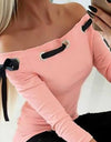 Long Sleeve Off Shoulder Hollow Out Slim Fits Shirt