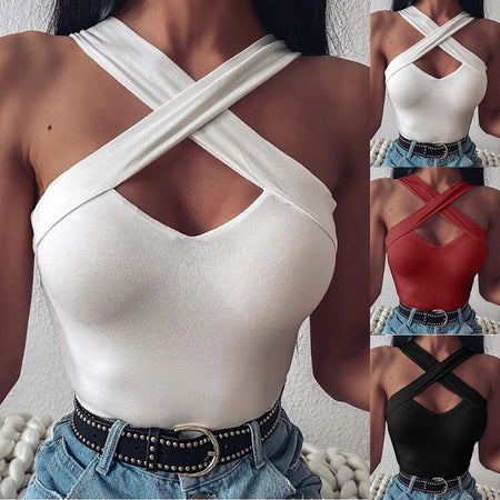 Cross Sleeveless Solid Vest Hollow Casual Vest Top