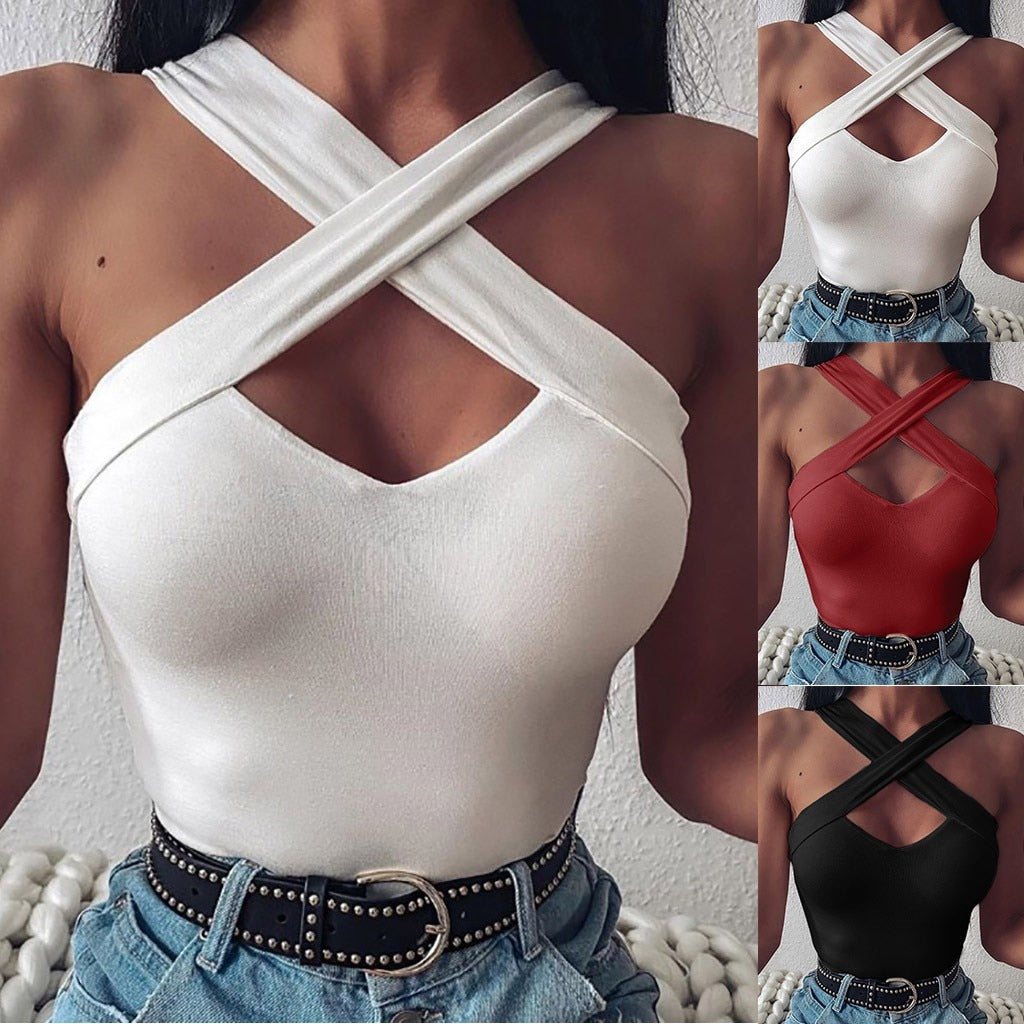 Cross Sleeveless Solid Vest Hollow Casual Vest Top
