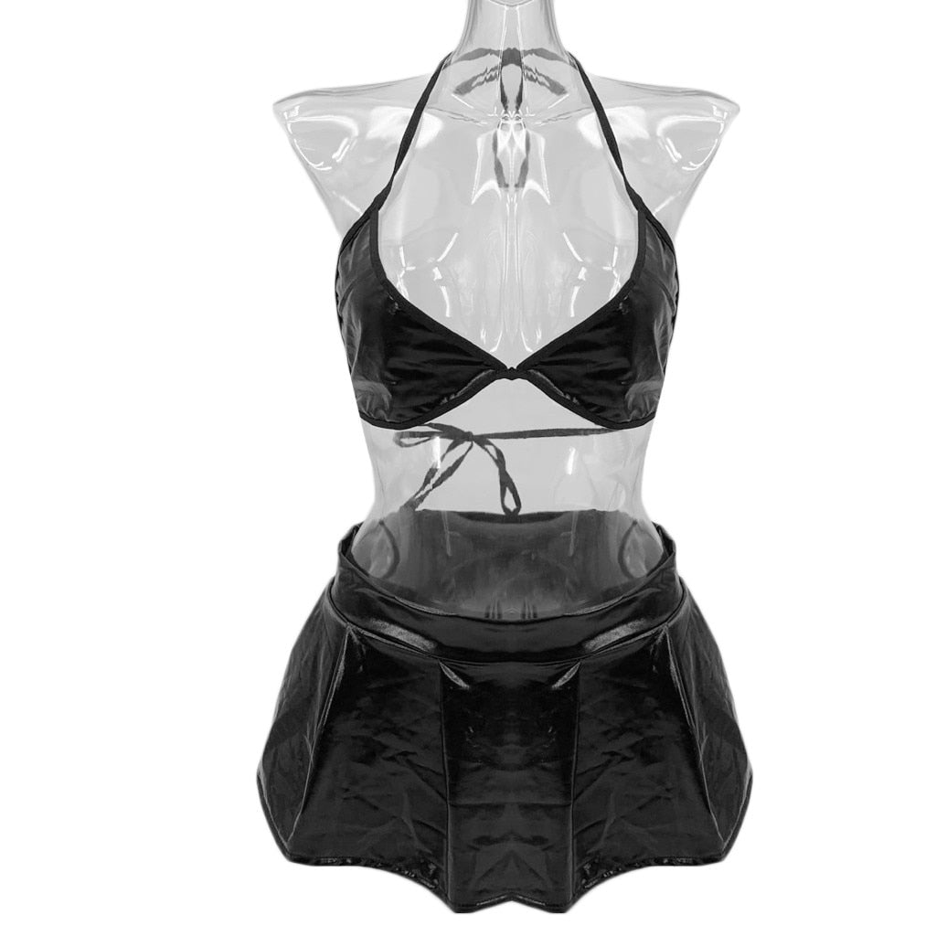 Leather V-neck Plus Size Bra Underwear Mini skirt Lingerie Push Up Bra