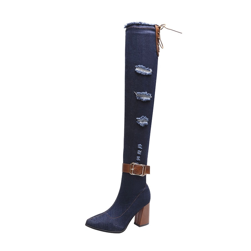 Denim Over The Knee Stretch High Heel Pointed Toe Boots