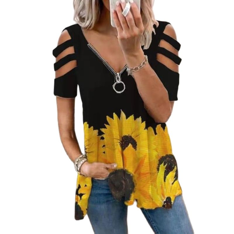 V-Neck Zipper Blouse Pullover