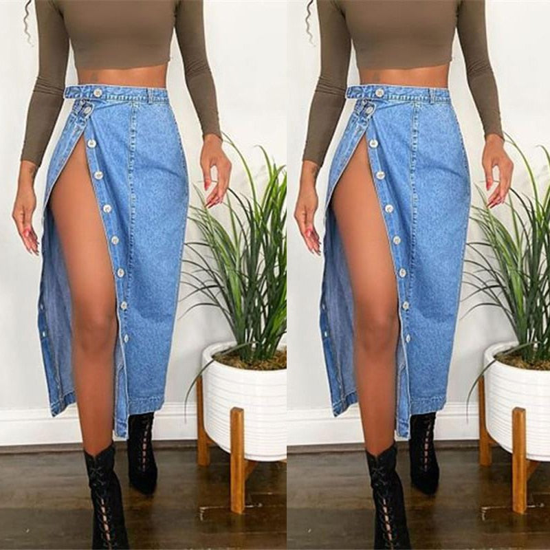 High Waist High Slit Denim Skirt
