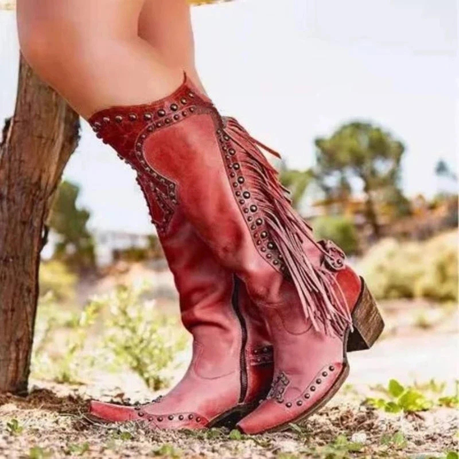 Mid Calf Pu Leather  Cowgirl Retro Boots
