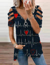 V-Neck Zipper Blouse Pullover
