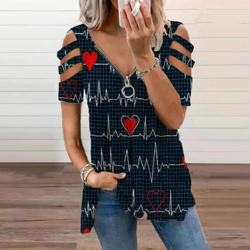 V-Neck Zipper Blouse Pullover