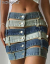 High Waist Denim Hollow Out Color block Skirt