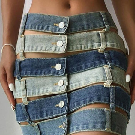 High Waist Denim Hollow Out Color block Skirt