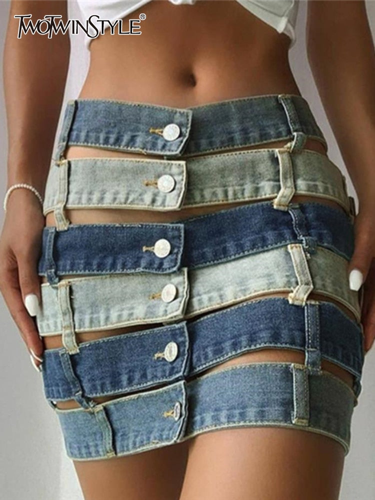 High Waist Denim Hollow Out Color block Skirt