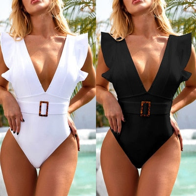 One Piece Flounced Open Back Swimsuit Bikini