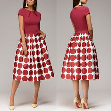 Load image into Gallery viewer, Polka Dot Patchwork Short Sleeve Round Neck Midi Swing Dress
