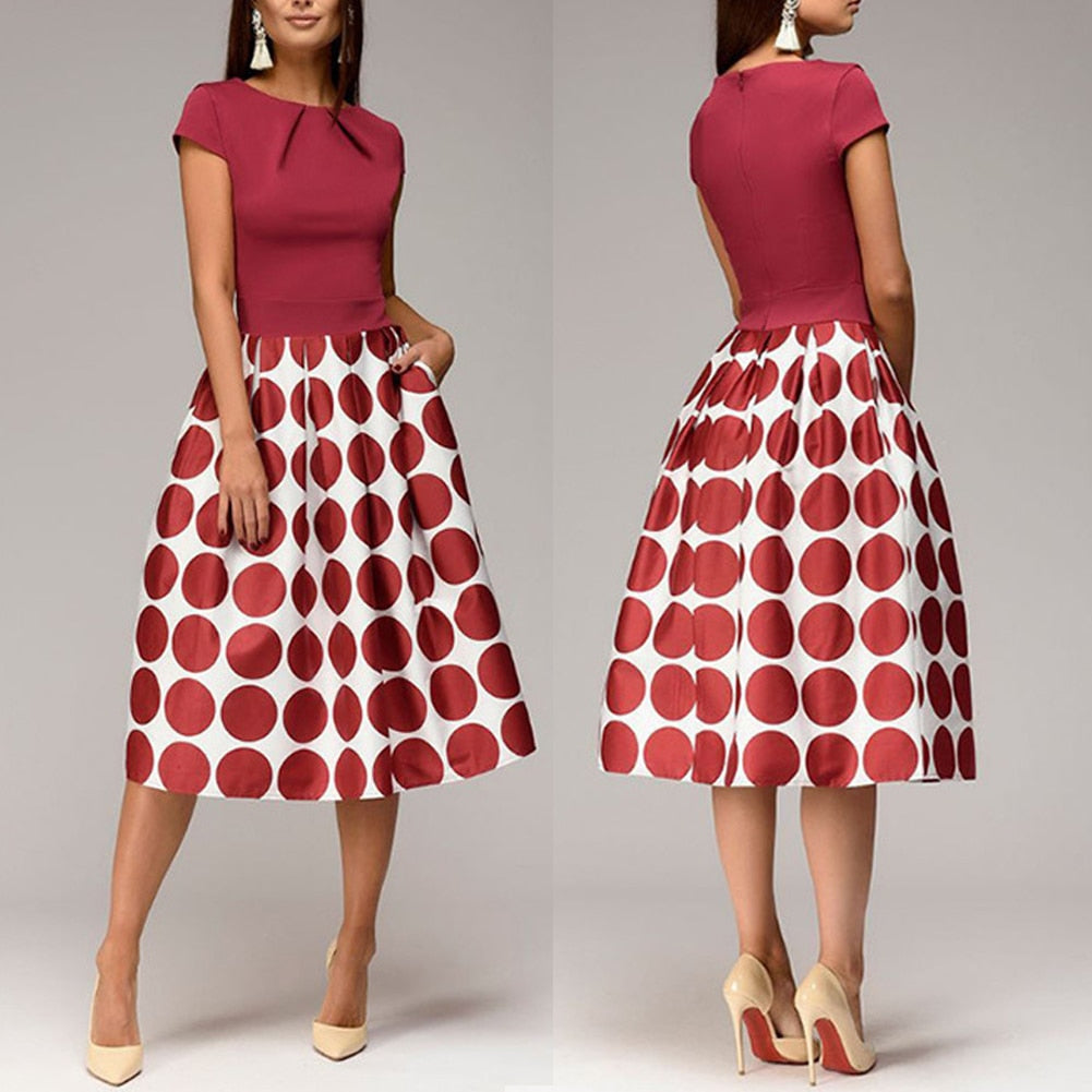 Polka Dot Patchwork Short Sleeve Round Neck Midi Swing Dress