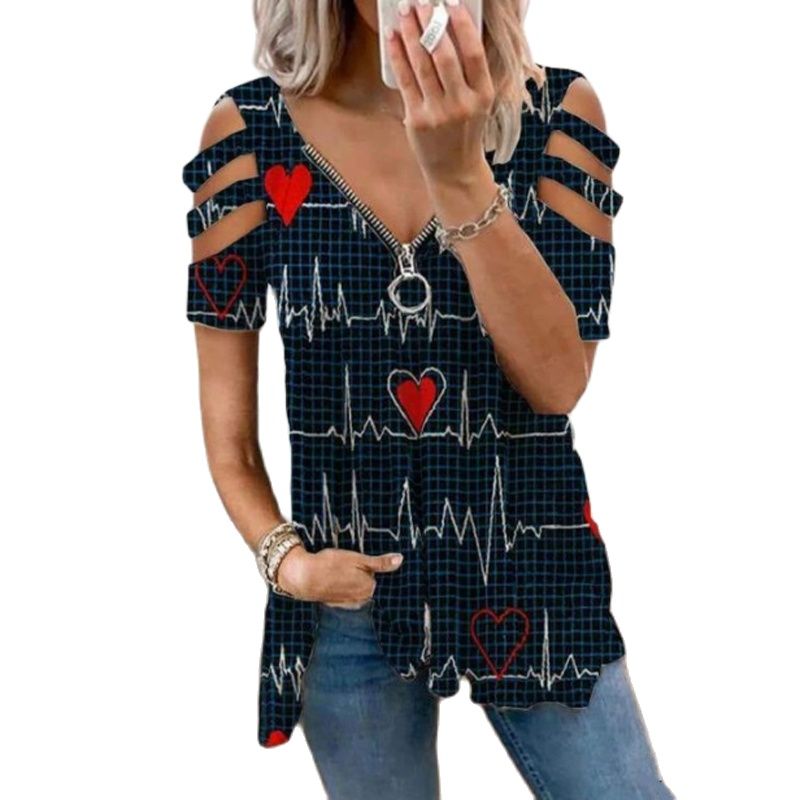 V-Neck Zipper Blouse Pullover