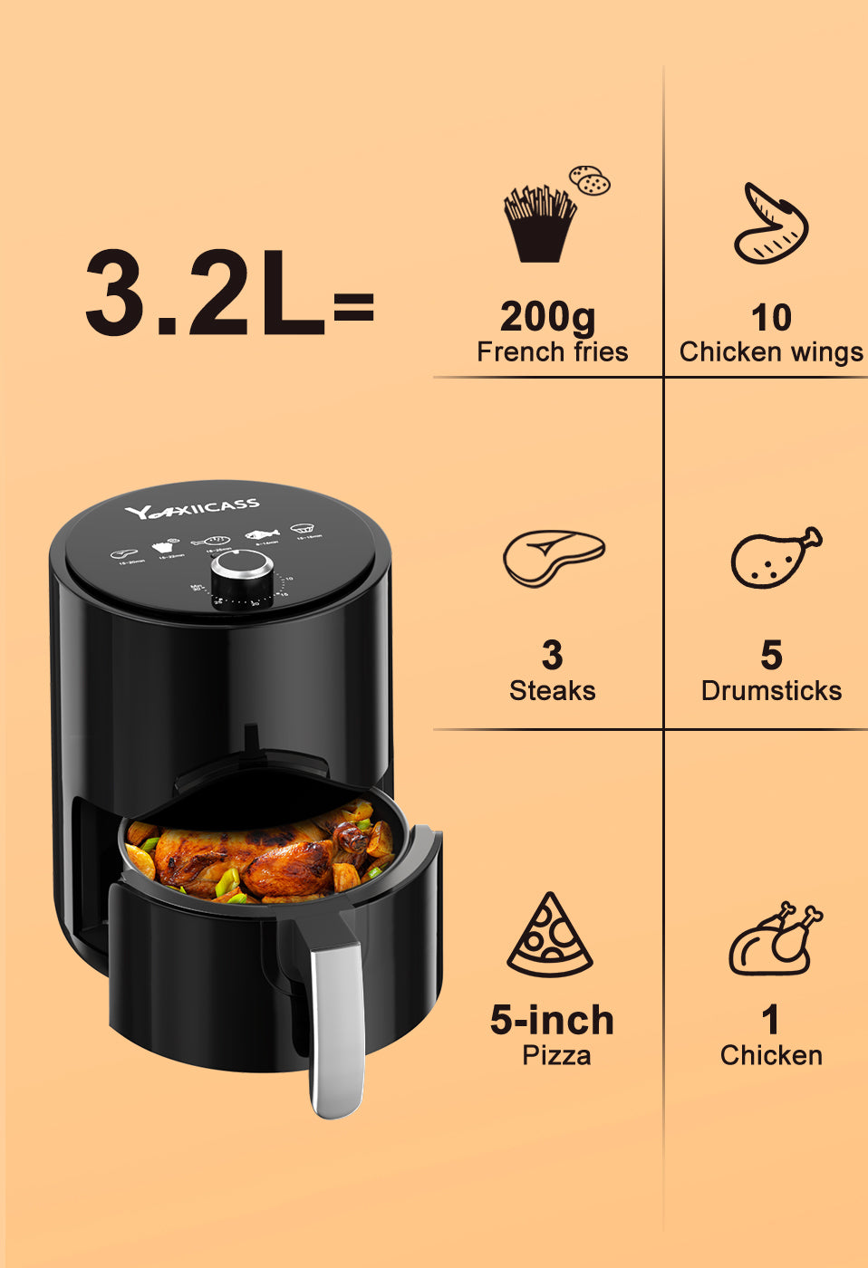 Air Fryer 3.2L Large Capacity 360°Baking Oven