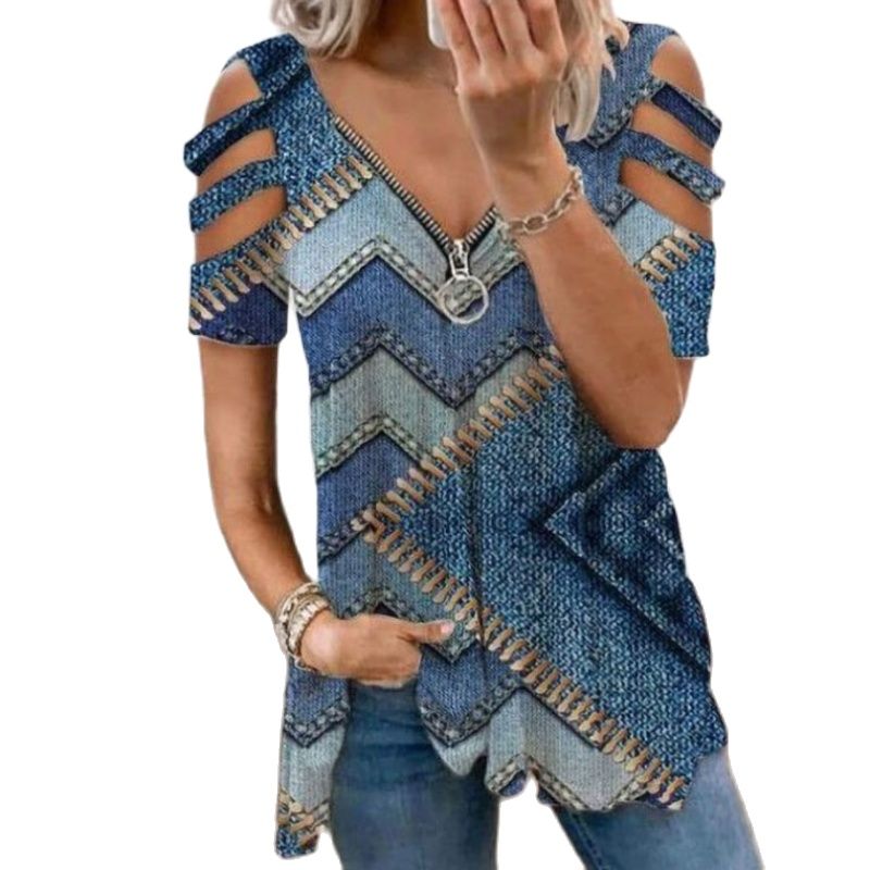 V-Neck Zipper Blouse Pullover