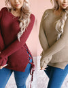Thick Knitted O Neck Solid Split Cross Bandage Sweater Oullover