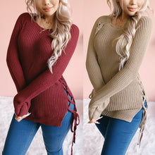 Load image into Gallery viewer, Thick Knitted O Neck Solid Split Cross Bandage Sweater Oullover
