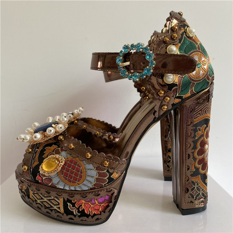 Exotic Embroidery Satin Diamond Flower Summer Sandals