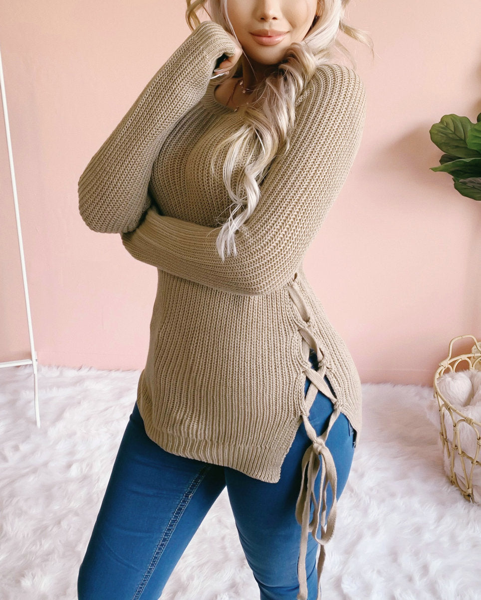 Thick Knitted O Neck Solid Split Cross Bandage Sweater Oullover