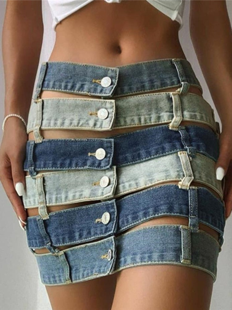 High Waist Denim Hollow Out Color block Skirt