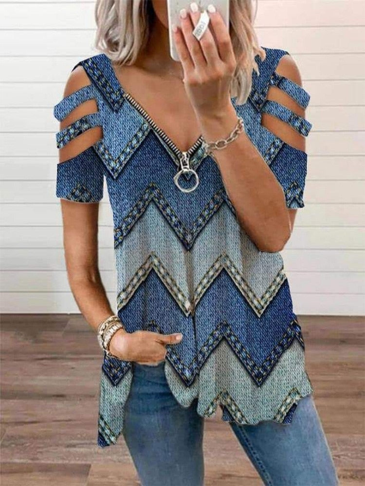 V-Neck Zipper Blouse Pullover