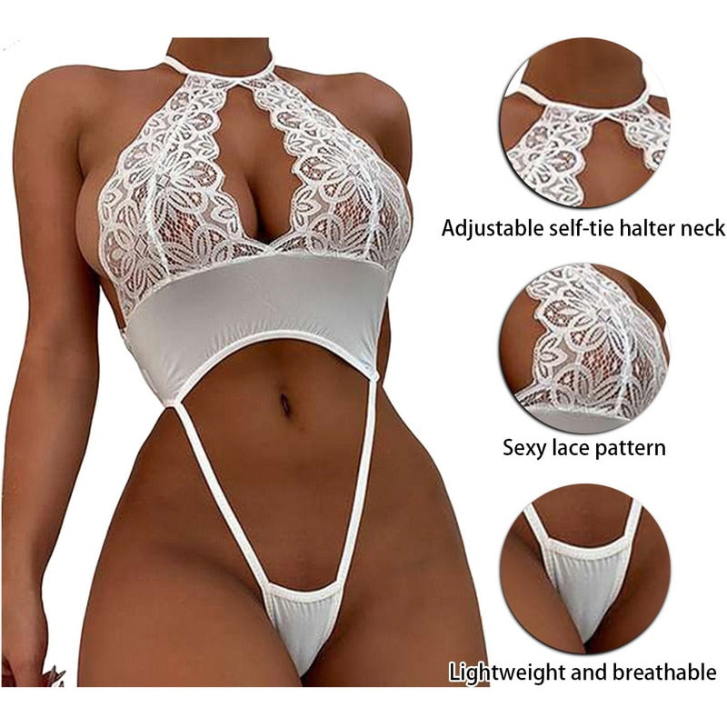 Hollow Out Halter Lace Floral Bodysuit