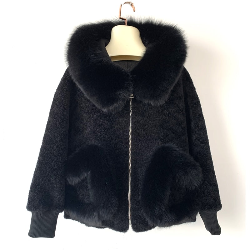 Winter Wool Warm Overcoat With Real Fox Fur