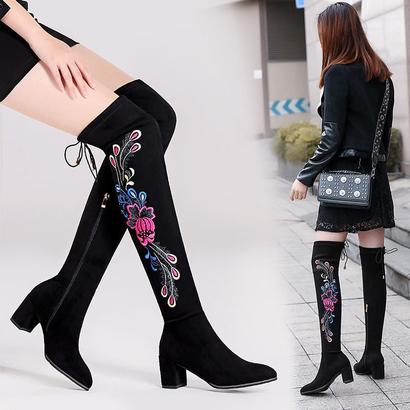 Over Knee Embroidered Thigh Boots
