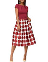 Polka Dot Patchwork Short Sleeve Round Neck Midi Swing Dress