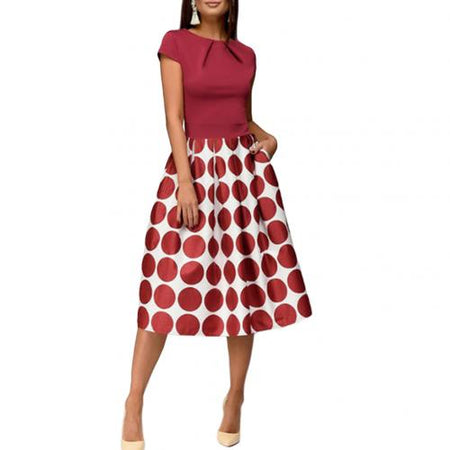 Polka Dot Patchwork Short Sleeve Round Neck Midi Swing Dress