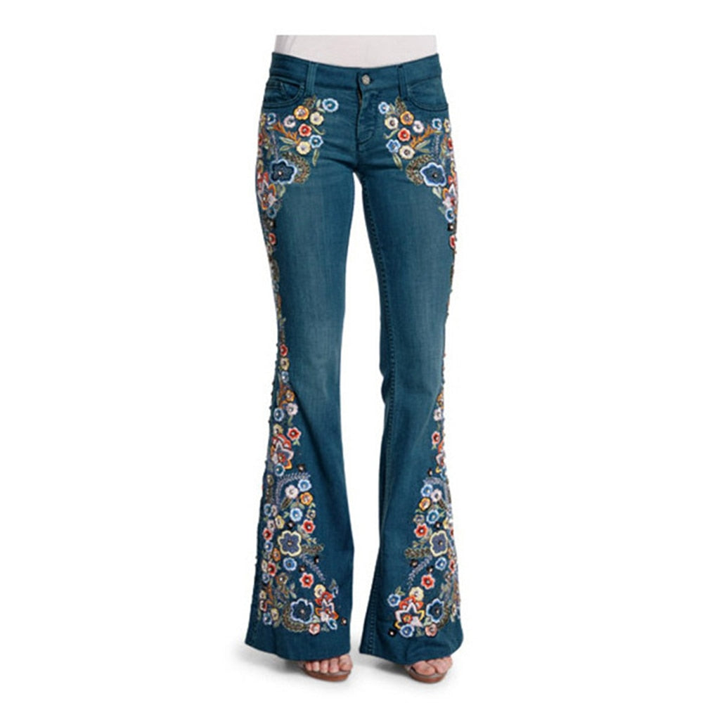 Flower Embroidery Flare Denim Pants