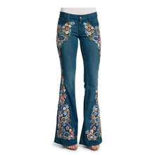 Load image into Gallery viewer, Flower Embroidery Flare Denim Pants
