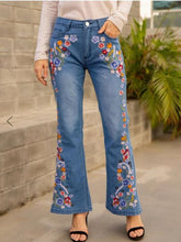 Load image into Gallery viewer, Flower Embroidery Flare Denim Pants
