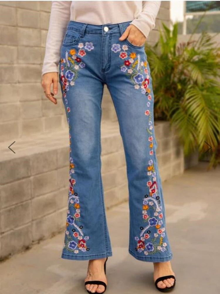 Flower Embroidery Flare Denim Pants
