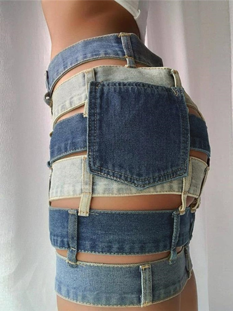 High Waist Denim Hollow Out Color block Skirt