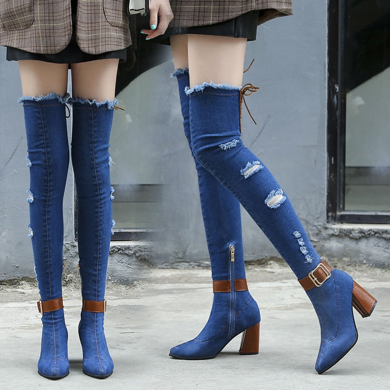 Denim Over The Knee Stretch High Heel Pointed Toe Boots