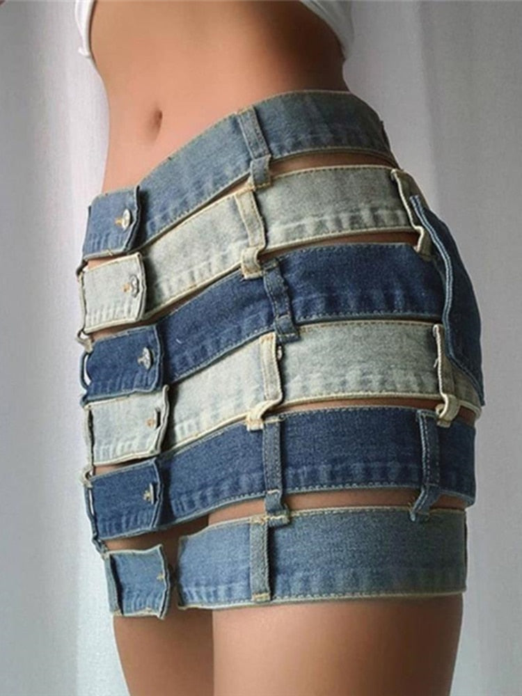 High Waist Denim Hollow Out Color block Skirt