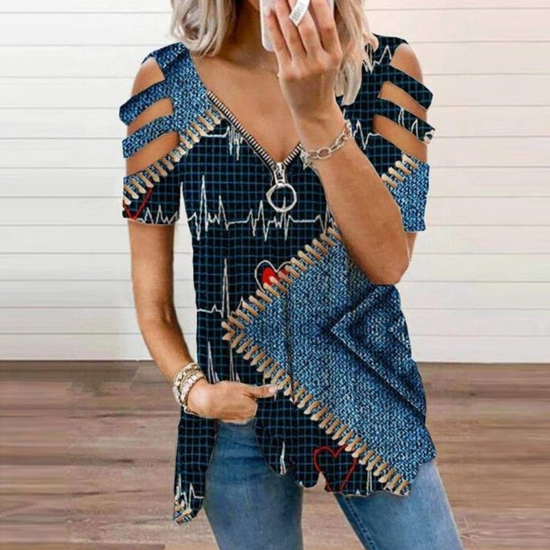 V-Neck Zipper Blouse Pullover