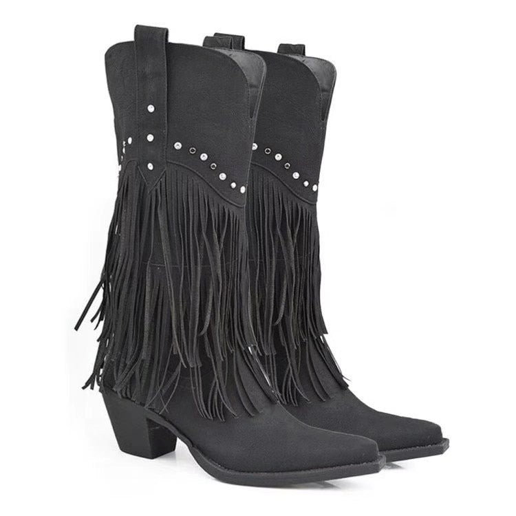 Thick Pointed Heel Tassel High Boots