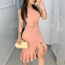 სურათის ჩატვირთვა გალერეის მნახველში, Sleeveless Shoulder Ruffle Hem Twist Slit Dress
