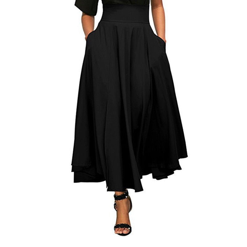 High Waist Pleated Flared A-Line Maxi Skirt